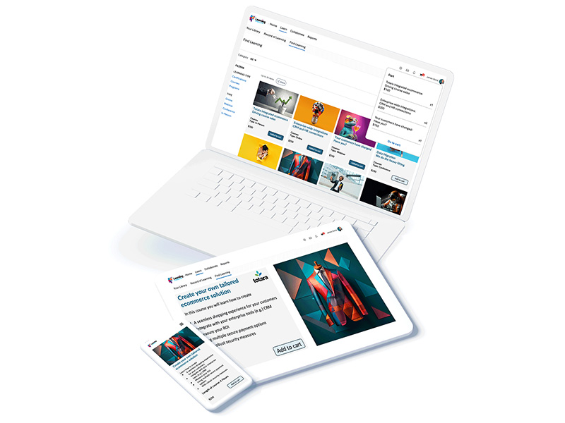 Digital devices displaying an e-commerce platform interface on a laptop, tablet, and smartphone, emphasizing responsive design and consistent user experience across devices.